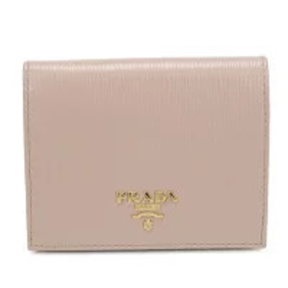 Prada Bi fold Wallet Compact Vitello Move Leather Beige Cream